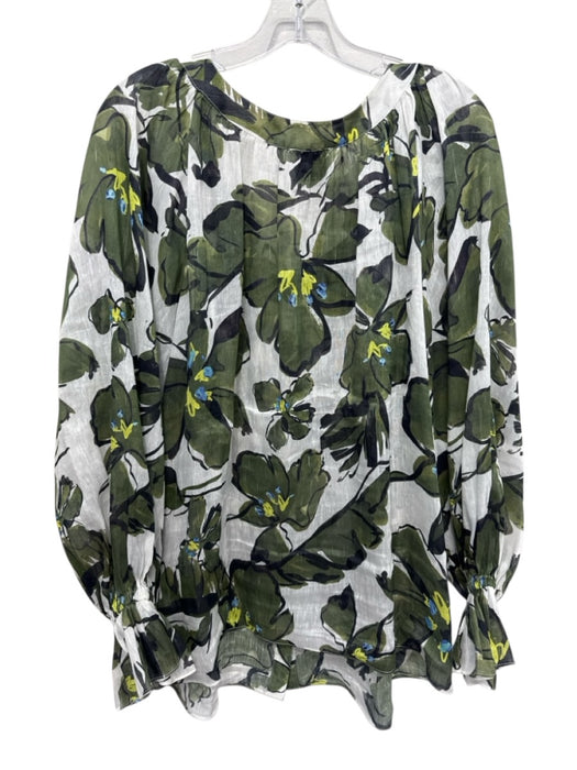 Aje. Size One Size White & Green Silk & Linen Floral Long Balloon Sleeve Top White & Green / One Size