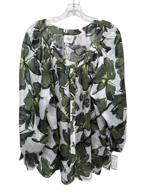 Aje. Size One Size White & Green Silk & Linen Floral Long Balloon Sleeve Top White & Green / One Size