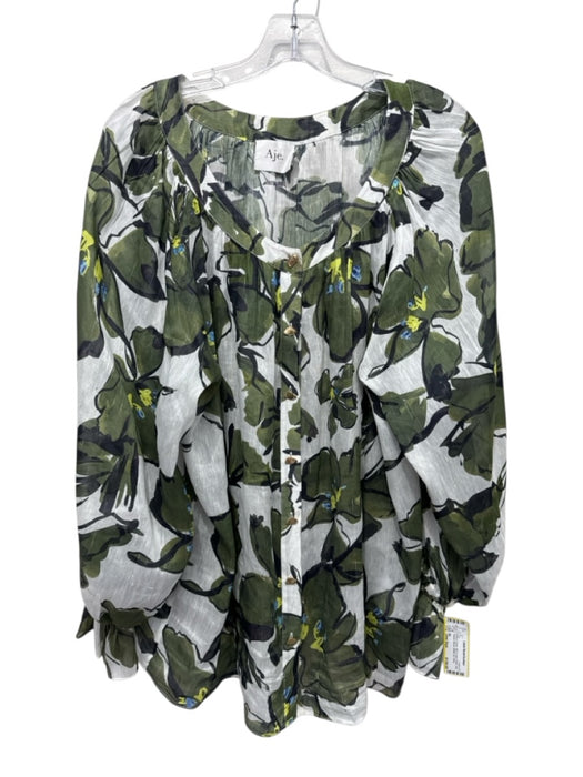 Aje. Size One Size White & Green Silk & Linen Floral Long Balloon Sleeve Top White & Green / One Size