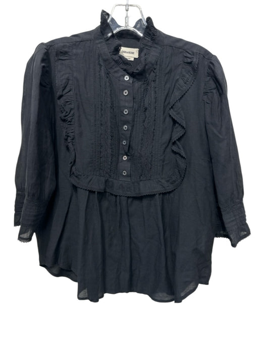 Zadig & Voltaire Size L Black Cotton Blend 1/2 Sleeve Ruffle Detail Top Black / L