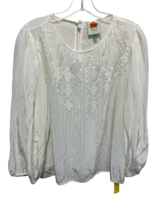 Farm Rio Size L White Viscose Silk Feel Long Balloon Sleeve Floral Lace Top White / L