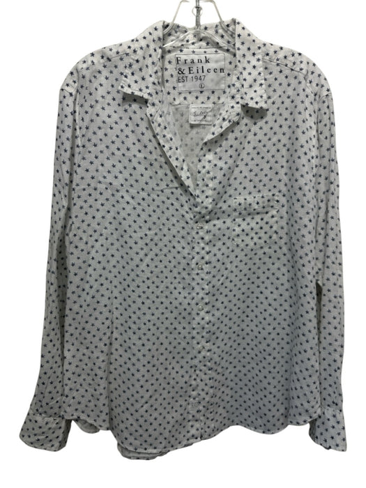 Frank & Eileen Size L White & Navy Blue Linen Long Sleeve Star Print Shirt Top White & Navy Blue / L