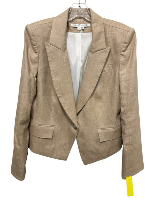 Veronica Beard Size 12 Beige Linen Blend Flap Pocket Cropped Back Blazer Jacket Beige / 12