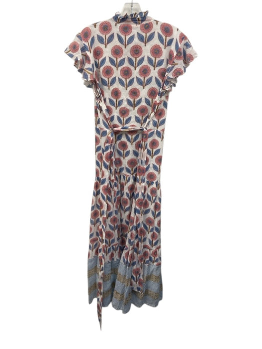 Oliphant Size L Pink, Blue, Gold Cotton Ruffle Cap Sleeve Floral Print Dress Pink, Blue, Gold / L