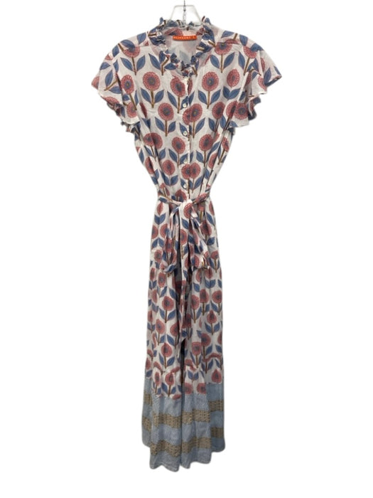 Oliphant Size L Pink, Blue, Gold Cotton Ruffle Cap Sleeve Floral Print Dress Pink, Blue, Gold / L