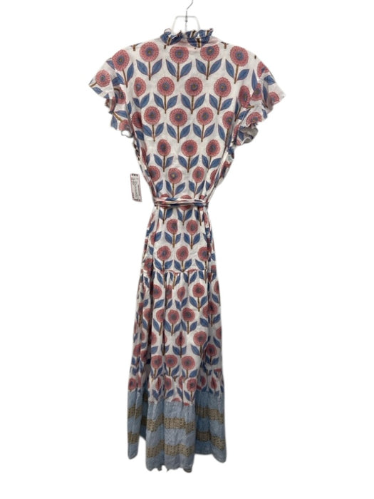 Oliphant Size L Pink, Blue, Gold Cotton Ruffle Cap Sleeve Floral Print Dress Pink, Blue, Gold / L