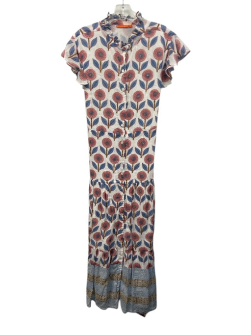 Oliphant Size L Pink, Blue, Gold Cotton Ruffle Cap Sleeve Floral Print Dress Pink, Blue, Gold / L