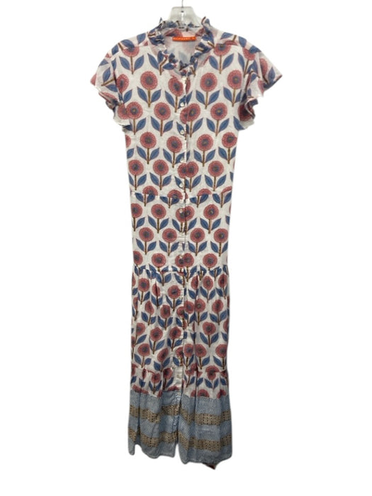 Oliphant Size L Pink, Blue, Gold Cotton Ruffle Cap Sleeve Floral Print Dress Pink, Blue, Gold / L