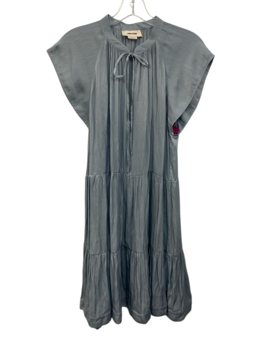 Zadig & Voltaire Size L Slate Blue Polyester Ruffle Cap Sleeve Tiered Mini Dress Slate Blue / L