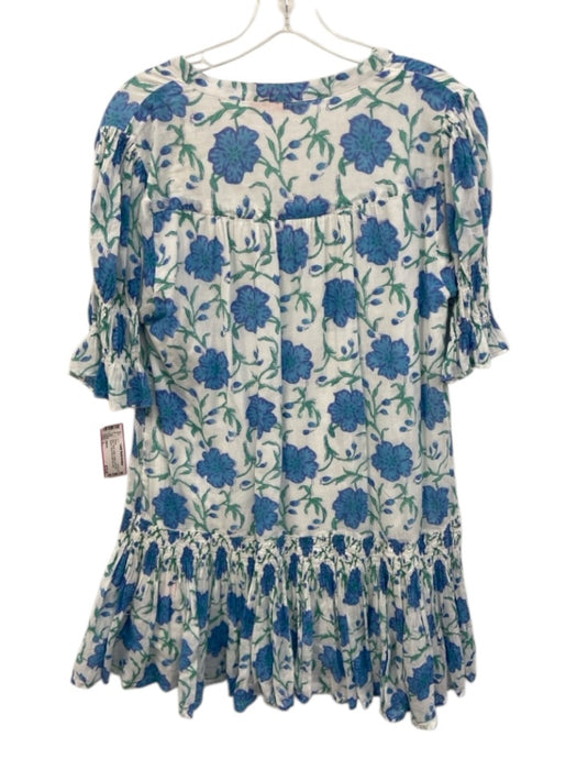 Oliphant Size L Blue, Green, White Cotton Short Puff Sleeve Floral Print Dress Blue, Green, White / L