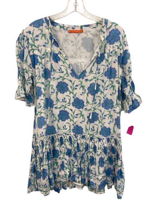 Oliphant Size L Blue, Green, White Cotton Short Puff Sleeve Floral Print Dress Blue, Green, White / L