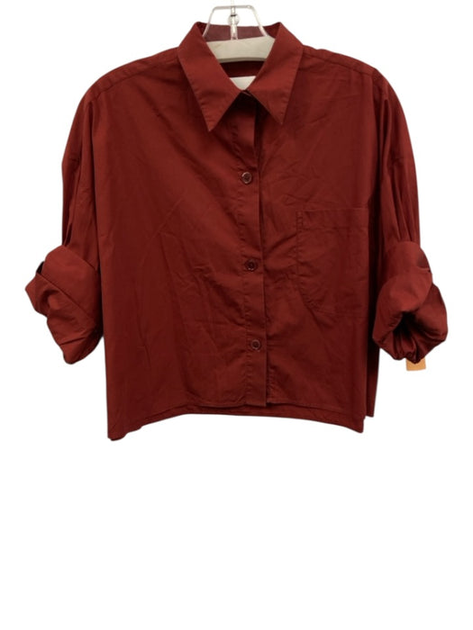 TWP Size M/L Brick Red Cotton 1/2 Sleeve Scrunch Sleeve Button Up Cropped Top Brick Red / M/L