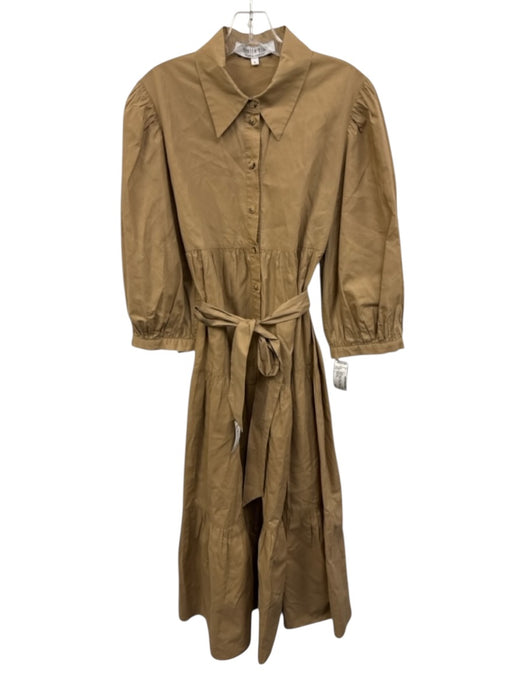 Hunter Bell Size L Khaki Beige Cotton 3/4 Sleeve 1/2 Button Tiered Dress Khaki Beige / L
