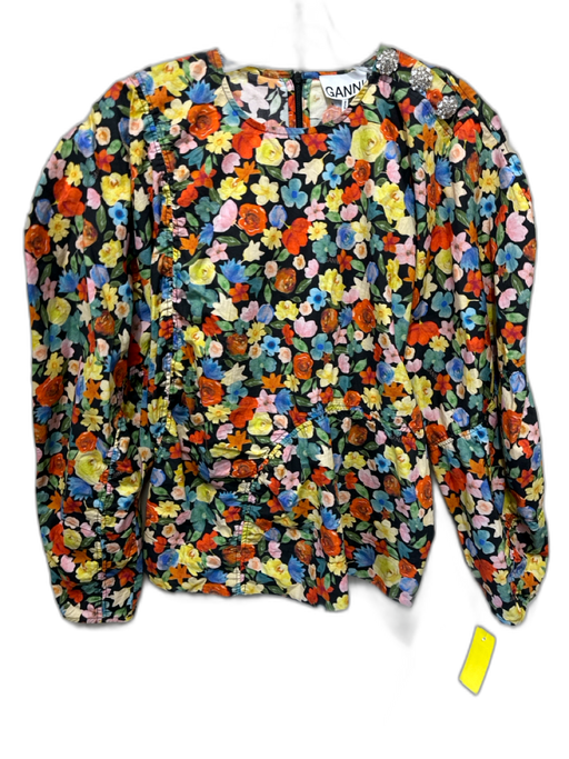 Ganni Size 40 Orange, Yellow & Multi Cotton Long Sleeve Floral Back Zip Top Orange, Yellow & Multi / 40