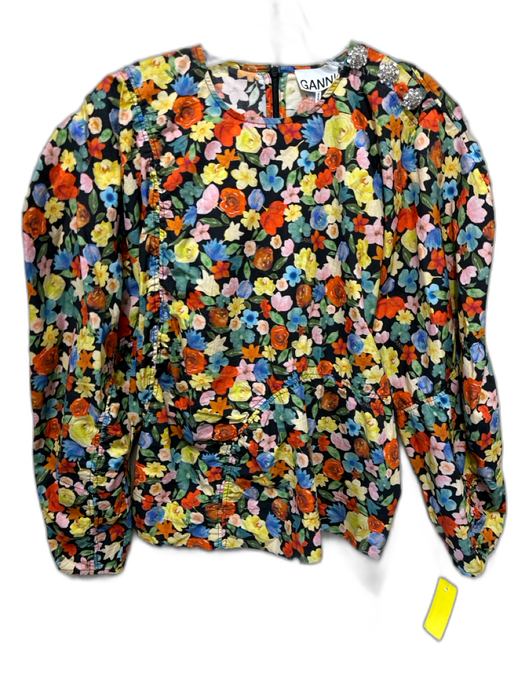 Ganni Size 40 Orange, Yellow & Multi Cotton Long Sleeve Floral Back Zip Top Orange, Yellow & Multi / 40