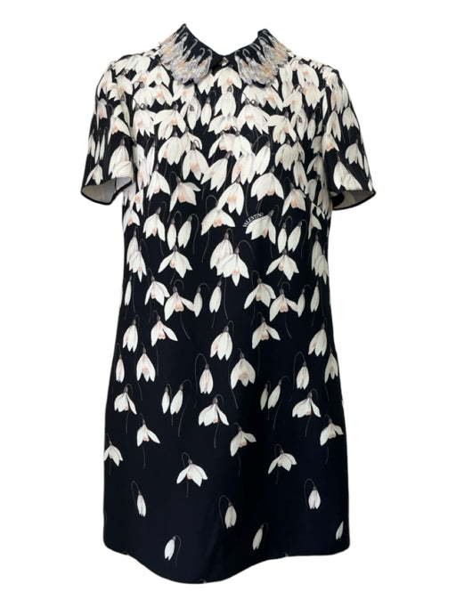 Valentino Size 38 Black, Cream, Pink Viscose Blend Collar Floral Midi Dress Black, Cream, Pink / 38