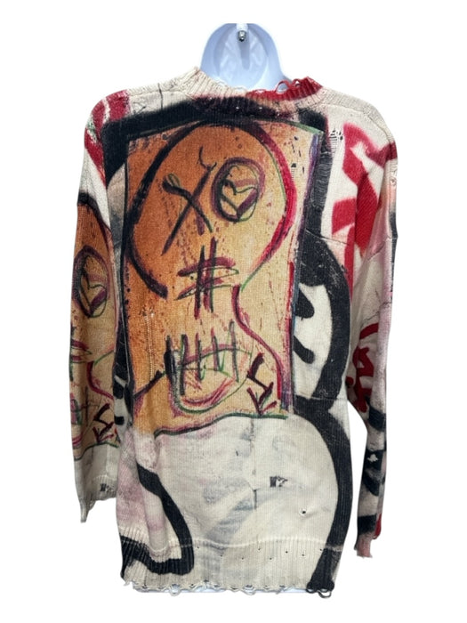 R13 Size Large Cream, Red & Black Cotton Rib Knit Ripped Graffiti Sweater Cream, Red & Black / Large