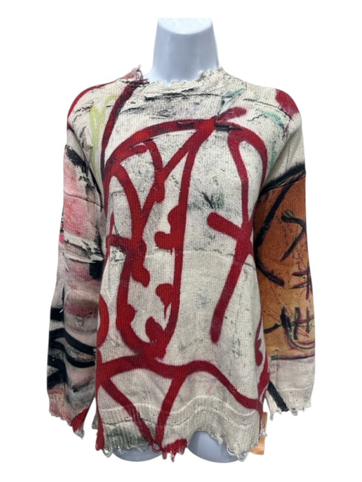 R13 Size Large Cream, Red & Black Cotton Rib Knit Ripped Graffiti Sweater Cream, Red & Black / Large