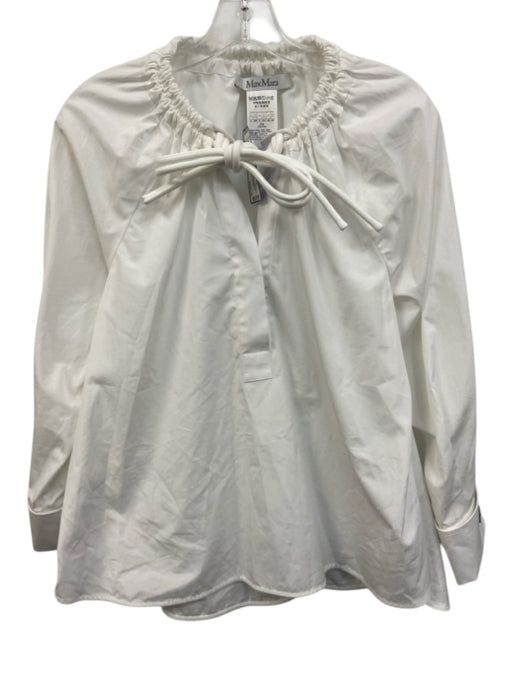 MaxMara Size 0 White Poplin Cotton Drawstring Neck Long Sleeve Cuff Links Top White / 0