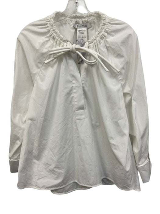 MaxMara Size 0 White Poplin Cotton Drawstring Neck Long Sleeve Cuff Links Top White / 0