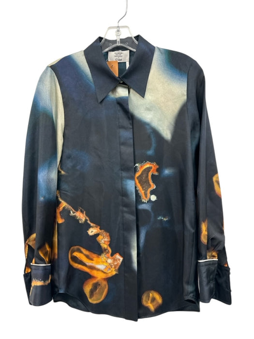 Chloe Size Est S Blue, Orange & Black Silk Twill Printed Long Sleeve Top Blue, Orange & Black / Est S