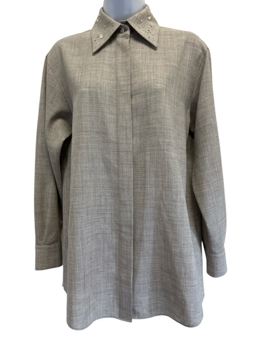 Lafayette 148 Size XXS Beige Wool, Silk, Linen Swarovski crystal Button Up Top Beige / XXS