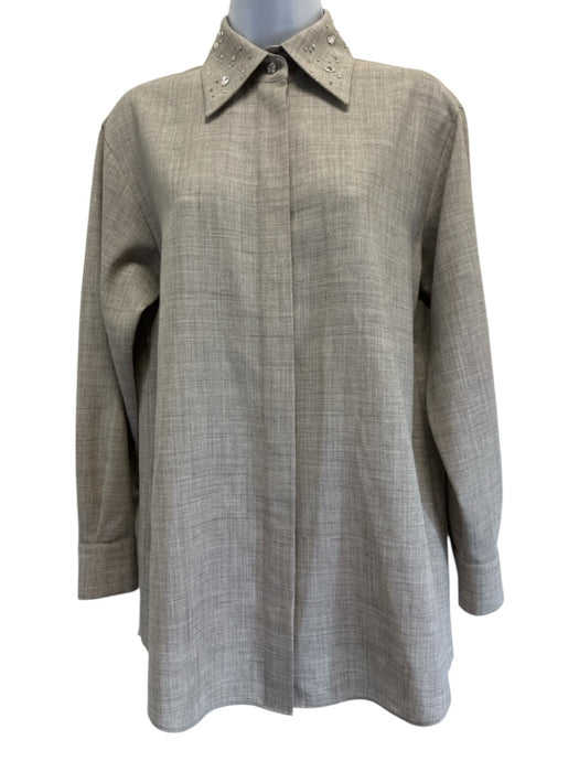Lafayette 148 Size XXS Beige Wool, Silk, Linen Swarovski crystal Button Up Top Beige / XXS