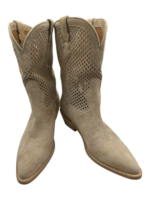 Partlow Shoe Size 38 Cream Beige Leather Upper Suede Perforated Cowboy Boots Cream Beige / 38