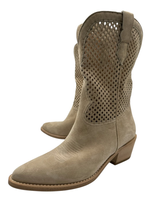 Partlow Shoe Size 38 Cream Beige Leather Upper Suede Perforated Cowboy Boots Cream Beige / 38