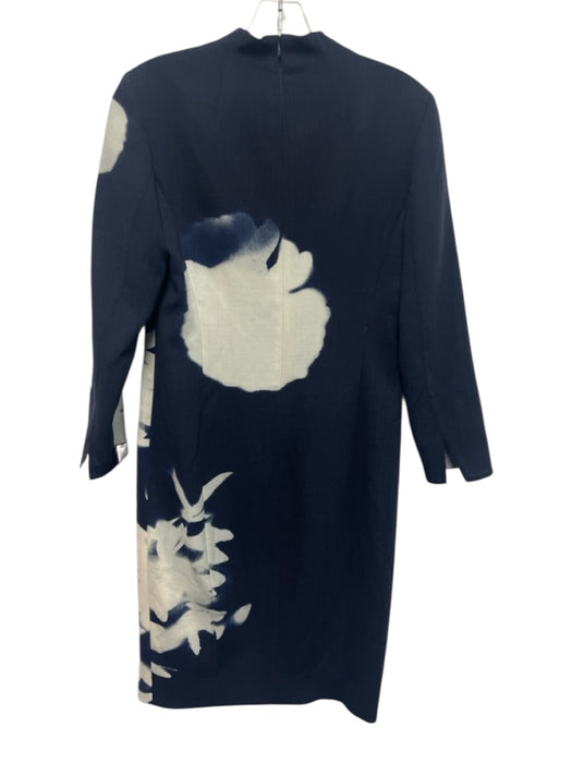 Akris Size 2 Navy Blue & White Wool Blend 3/4 Sleeve Mock Neck Front Slit Dress Navy Blue & White / 2