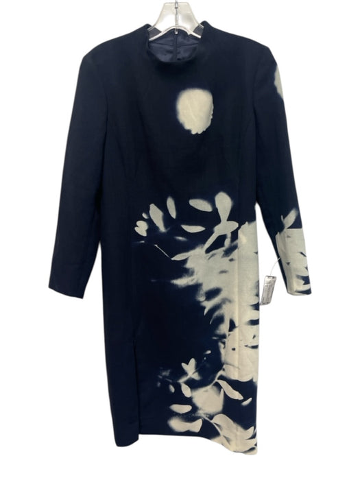 Akris Size 2 Navy Blue & White Wool Blend 3/4 Sleeve Mock Neck Front Slit Dress Navy Blue & White / 2