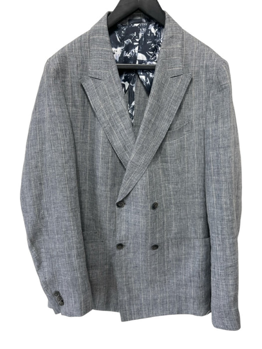 No Brand Gray & Beige Print Linen Stripe Side Tabs Double Breasted Men's Suit Gray & Beige Print / Est 42