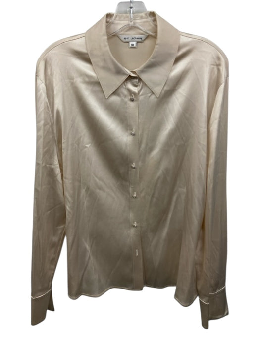 St John Size 16 Cream Silk Blend Rhinestone Button Down Long Sleeve Top Cream / 16