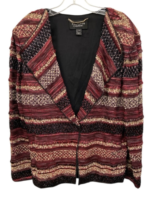 St John Couture Size 14 Burgundy, Gold, Black Wool Blend Textured Blazer Jacket Burgundy, Gold, Black / 14