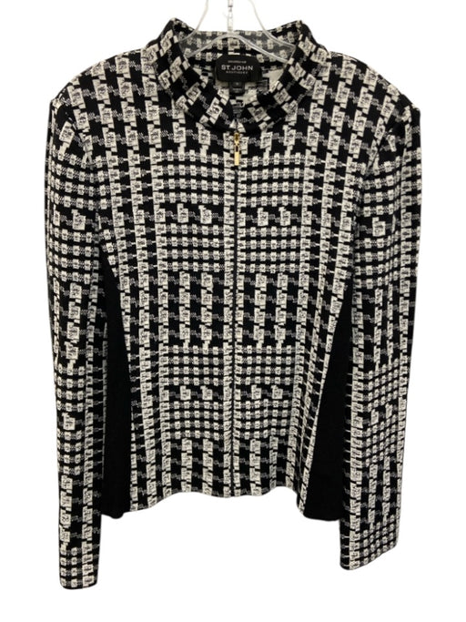 St John Boutique Size 16 Black & White Wool Blend Knit Geometric Full Zip Jacket Black & White / 16
