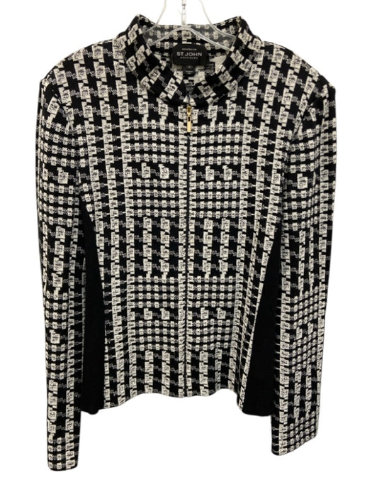 St John Boutique Size 16 Black & White Wool Blend Knit Geometric Full Zip Jacket Black & White / 16