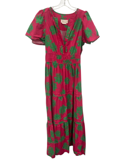 By Anthropologie Size M Pink & Green Cotton Short Sleeve Split Neck Maxi Dress Pink & Green / M