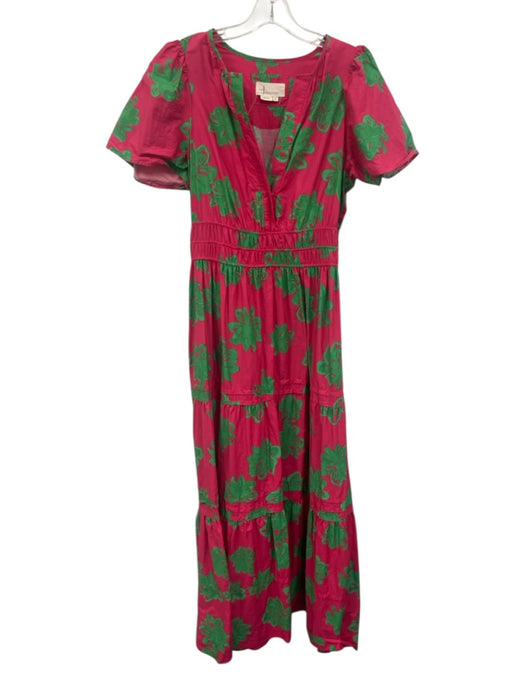 By Anthropologie Size M Pink & Green Cotton Short Sleeve Split Neck Maxi Dress Pink & Green / M