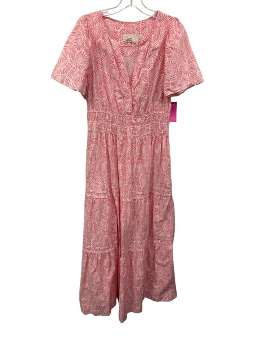 By Anthropologie Size M Pink & White Cotton Short Sleeve Split Neck Maxi Dress Pink & White / M