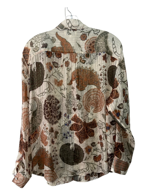 Lafayette 148 Size Large Cream, Brown, Green Silk Blend Long Sleeve Floral Top Cream, Brown, Green / Large