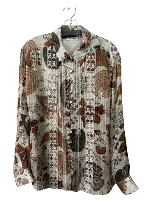 Lafayette 148 Size Large Cream, Brown, Green Silk Blend Long Sleeve Floral Top Cream, Brown, Green / Large