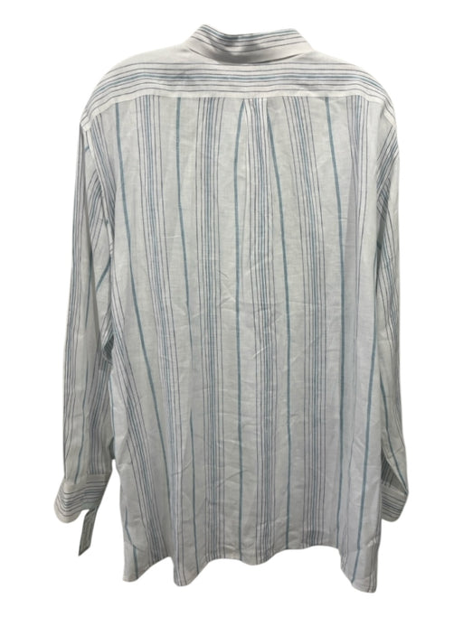 Lafayette 148 Size L White & Blue Linen Button Down Vertical Stripes Collar Top White & Blue / L