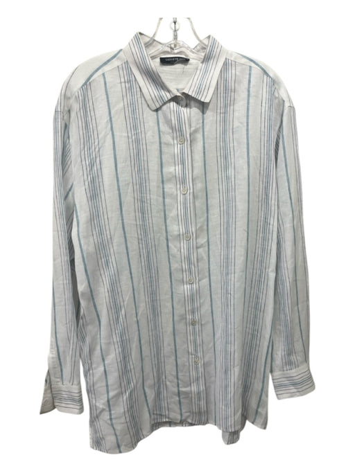 Lafayette 148 Size L White & Blue Linen Button Down Vertical Stripes Collar Top White & Blue / L