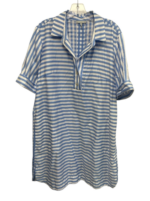 Hinson Wu Size XL Blue & White Print Cotton Stripe & Checked Collar Dress Blue & White Print / XL