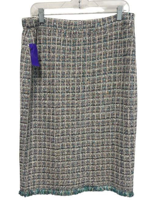 St. John Couture Size 14 cream, blue, multi Wool Blend Sequins Midi Sheath Skirt cream, blue, multi / 14