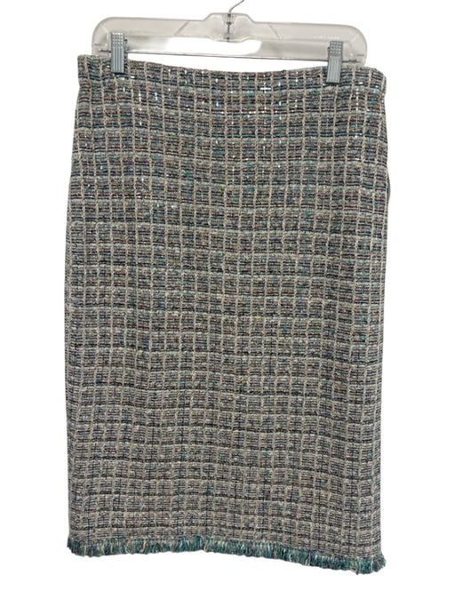 St. John Couture Size 14 cream, blue, multi Wool Blend Sequins Midi Sheath Skirt cream, blue, multi / 14