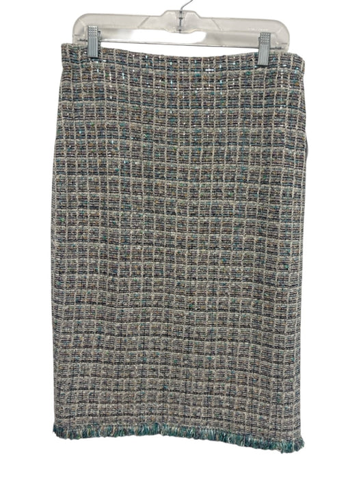 St. John Couture Size 14 cream, blue, multi Wool Blend Sequins Midi Sheath Skirt cream, blue, multi / 14