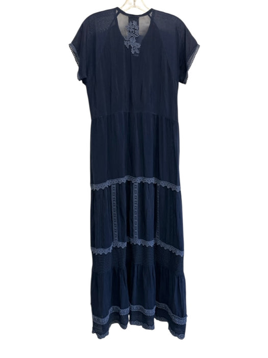 Johnny Was Size S Dark Blue Cupra Rayon Short Sleeve Embroidered Maxi Dress Dark Blue / S