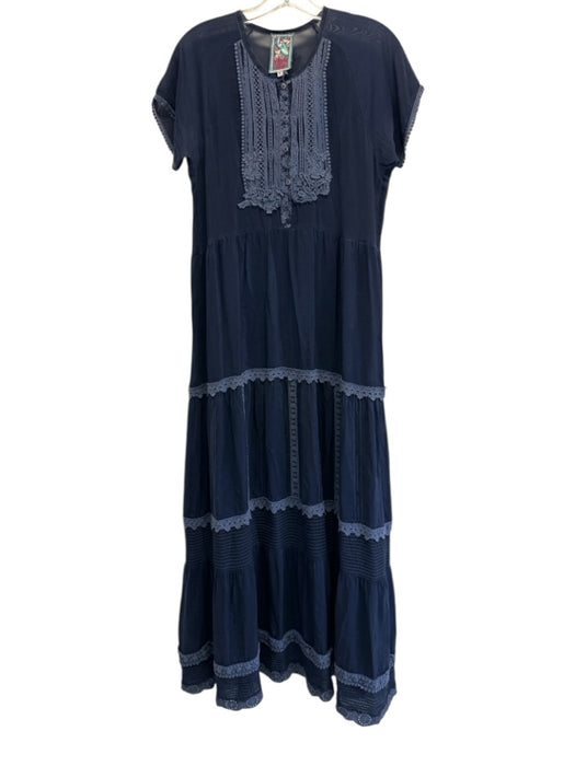 Johnny Was Size S Dark Blue Cupra Rayon Short Sleeve Embroidered Maxi Dress Dark Blue / S