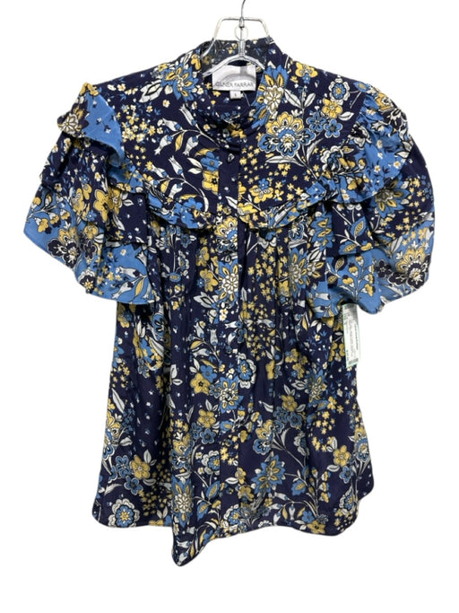 Gilner Farrar Size S Navy Blue, Yellow & White Viscose Floral Button Front Top Navy Blue, Yellow & White / S